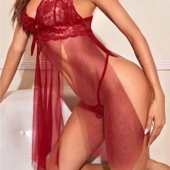 Mesh Lace Burgandy Babydoll Set - Picture 7 of 9